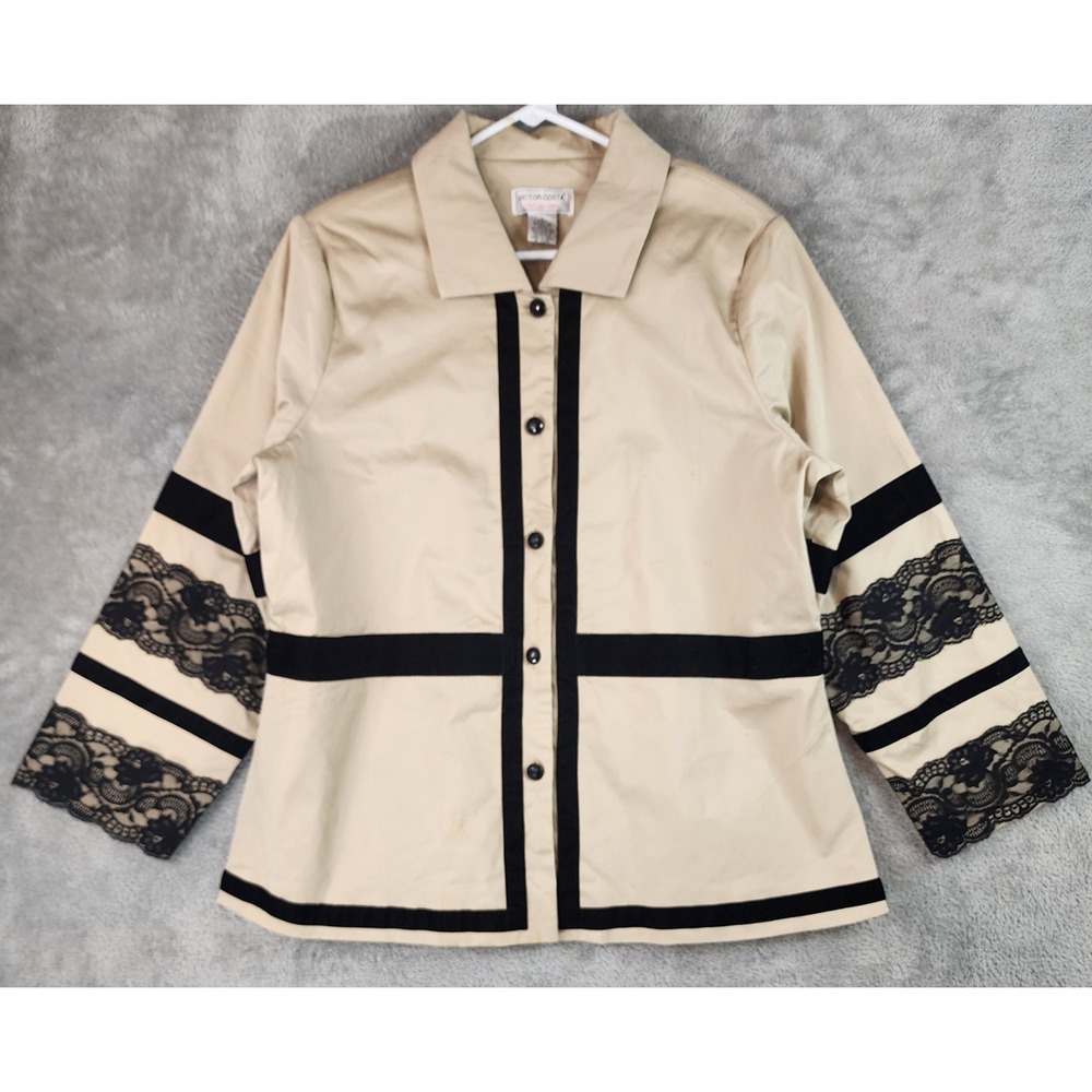 Victor Costa Occasion Jacket Womens Tan Black Lace Velvet Trim Button Front